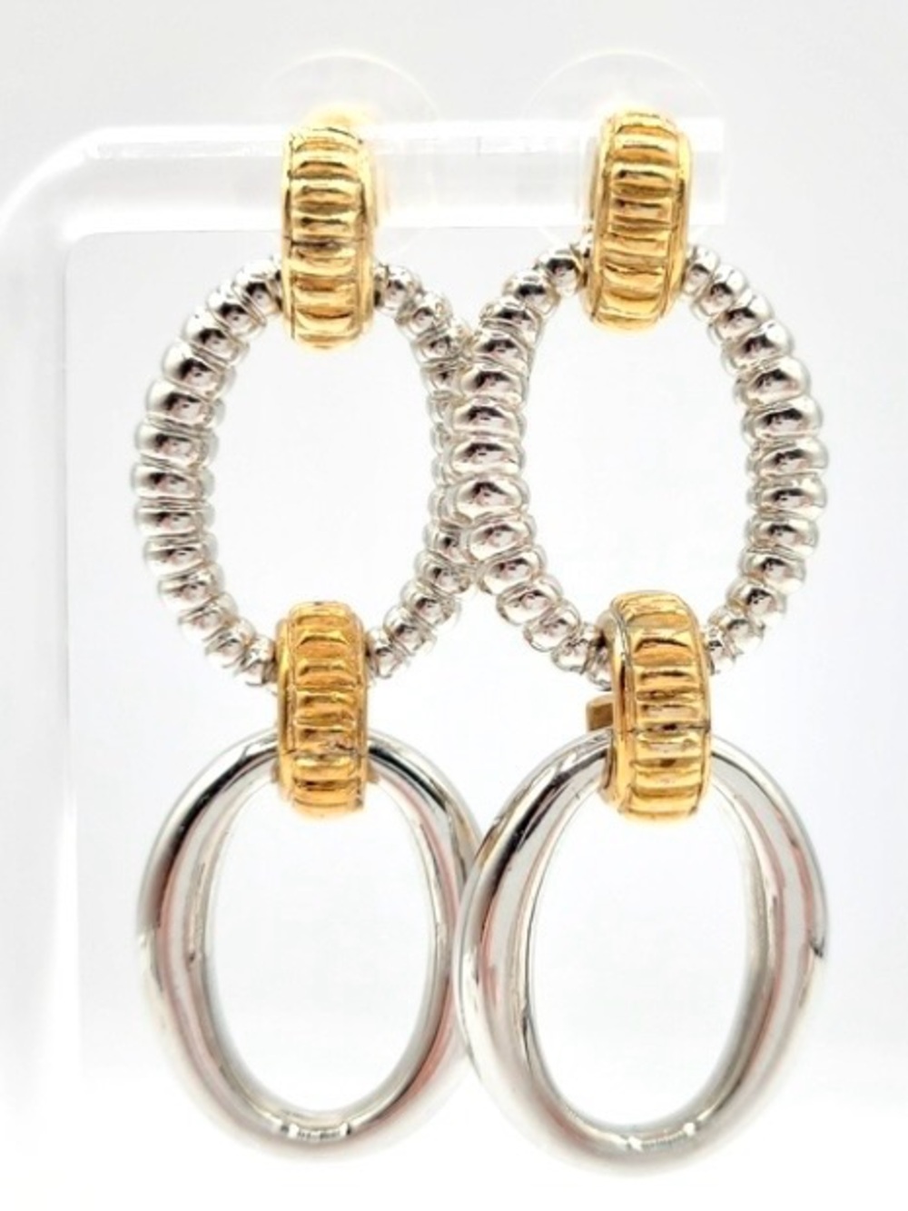 Two Tone Gold Silver Drop Hoop Earrings Chunky Dangle Statement